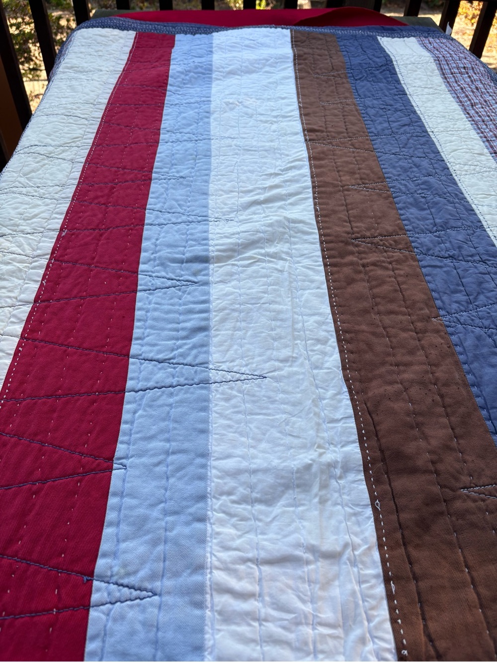 Pottery Barn Striped ❤️Cotton Quilt Bedspread in Red, Blue, White, Brown